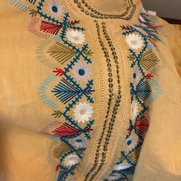 Sundance Sacred Songs Embroidered Yellow Scoop Neck Cotton Tunic Top Medium - Picture 9 of 9